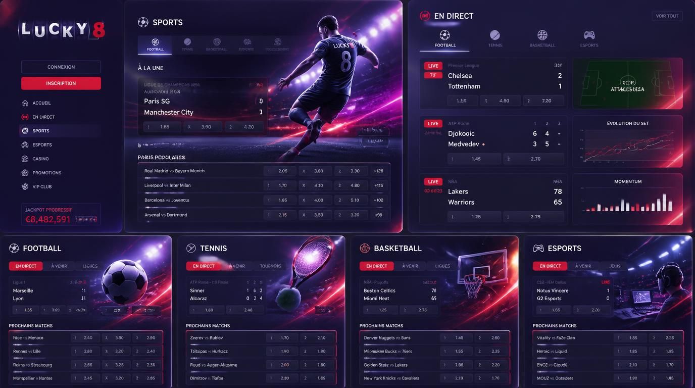 Un interface de paris multiples football, tennis, basket, esports, live, cotes dynamiques