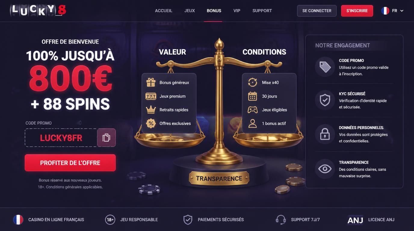 Ăcran de bonus de bienvenue avec transparence des conditions en France