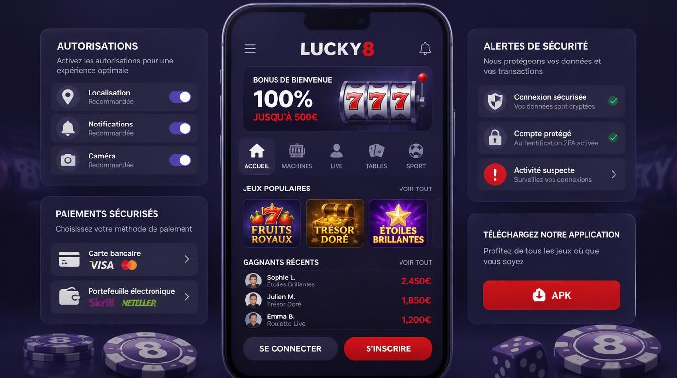 Icônes de permissions et interface de paiement mobile avec alertes