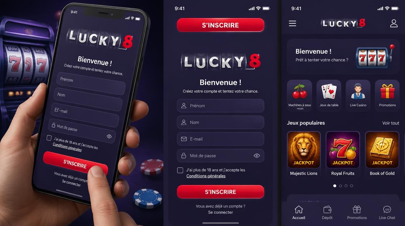 Un smartphone montrant l’interface mobile de Lucky8 avec le formulaire d’inscription