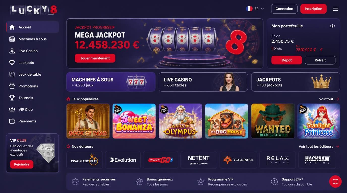 Aperçu du portefeuille de jeux avec logos, slots et tables live dans le contexte Lucky 8