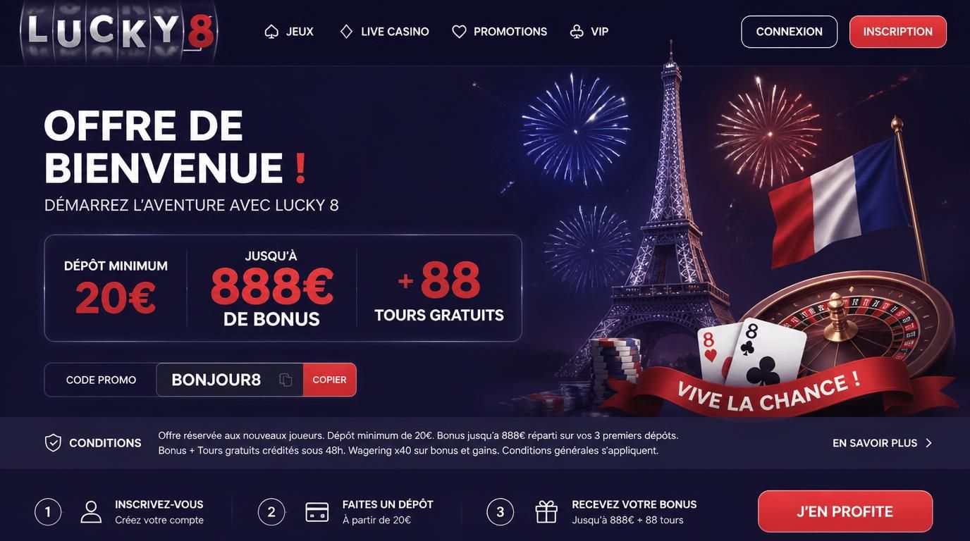 Bonus de bienvenue avec dépôt minimum visible, conditions claires, mise en avant du bonus
