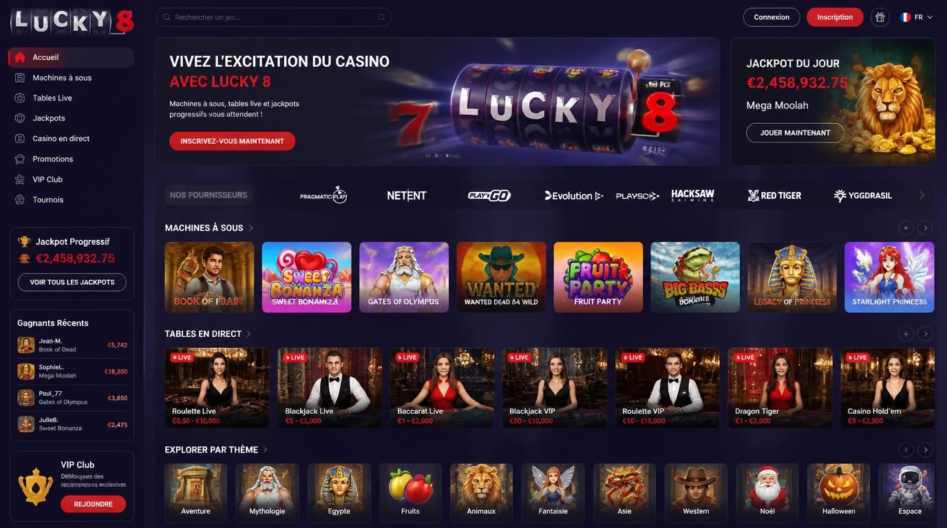 Catalogue de jeux varié: slots, live, studios prestigieux